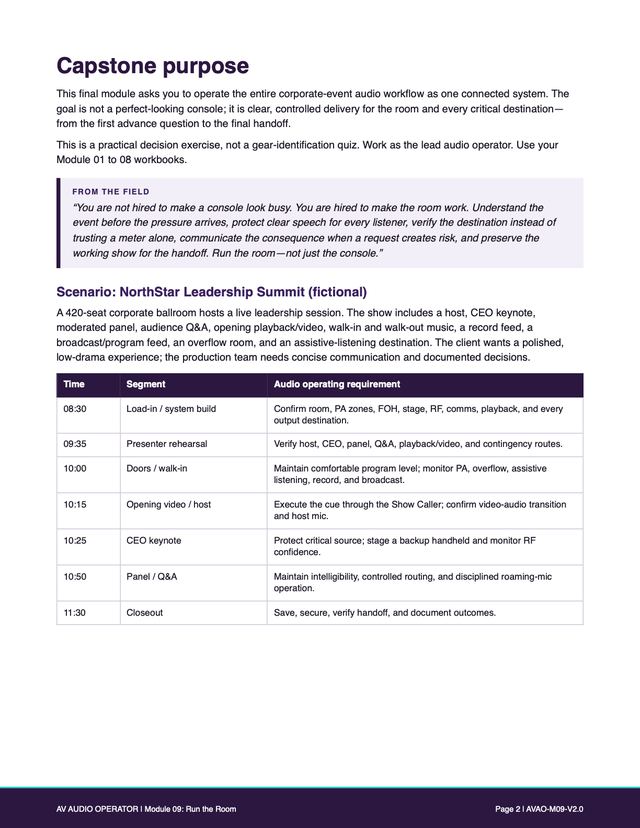 Capstone brief page: the fictional NorthStar Leadership Summit scenario and its show schedule